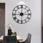 Large Wall Clock, Metal Retro Roman Numeral Clock, Modern Round Silent Wall Clocks, Easy to Read for Living Room/Home/Kitchen/Bedroom/Office/School Decor (Black, 18.5 Inch)