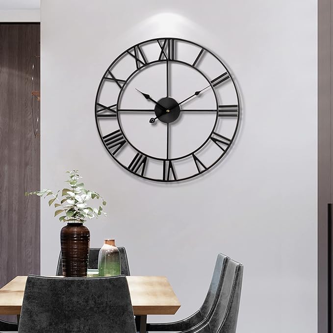 1st owned Large Wall Clock Metal Retro Roman Numeral Clock, Modern Round Wall Clocks Almost Silent, Easy to Read for Living Room/Home/Kitchen/Bedroom/Office/School Decor (Black, 24 Inch)