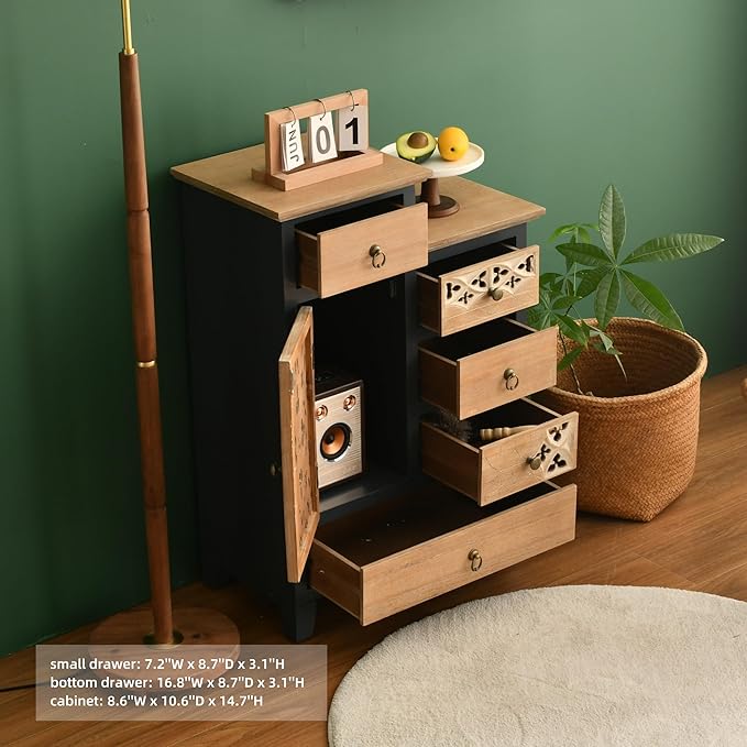 Farmhouse Accent Chest with Carved Door and 5-Drawers, Vintage Storage Cabinet Modern Dresser for Living Room, Entryway, Hallway, Multi-Drawer Organizer, Natural and Deep Blue