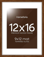 Homeforia 12x16 Picture Frame Brown, High End Dark Oak 12x16 Walnut Wood Poster Frame with Mat 9x12 Print, 12 x 16 Wooden Frame Matted to 9 x 12 Photo, 16x12 Frames, Tempered Glass, Wall Kit, Set of 1