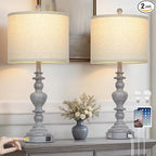 27" Tall Table Lamps for Living Room, 3-Way Dimmable Touch Control Farmhouse Vintage Table Lamps Set of 2 with USB C+A Ports and AC Outlets, Rustic Bedside Nightstand Lamp for Bedrooms Office Grey
