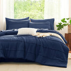 CozyLux Queen Comforter Set Navy Blue, 7 Pieces Soft Pinch Pleat Bed in a Bag Queen Comforter Set with Sheets, Boho Bed Set with Down Alternative Comforter, Sheets, Pillowcases & Shams