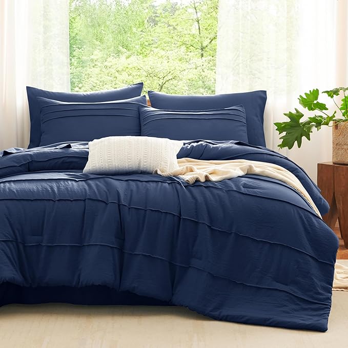 CozyLux King Size Comforter Set Navy Blue, 7 Pieces Soft Pinch Pleat Bed in a Bag King Comforter Set with Sheets, Boho Bed Set with Down Alternative Comforter, Sheets, Pillowcases & Shams
