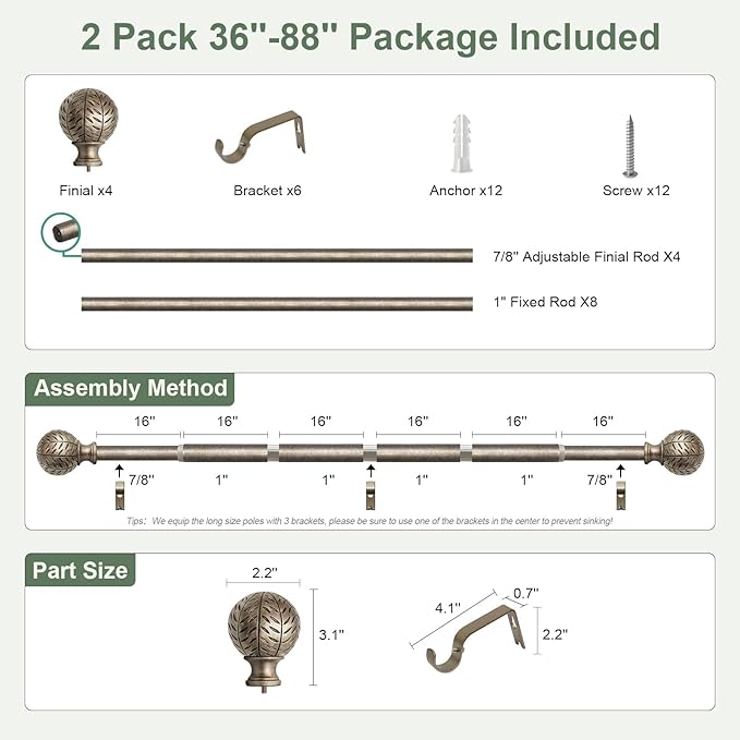 2 Pack Silver Curtain Rods for Windows 48 to 84 Inch,1'' Diameter Drapery Rods with Leaf Pattern Finials,Boho Adjustable Heavy Duty Curtain Rods Set,36-88'',Retro Silver