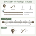 2 Pack Silver Curtain Rods for Windows 48 to 84 Inch,1'' Diameter Drapery Rods with Leaf Pattern Finials,Boho Adjustable Heavy Duty Curtain Rods Set,36-88'',Retro Silver