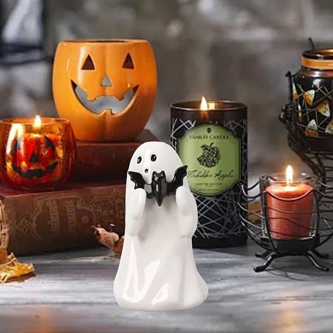 Halloween Ghost Figurine with Holding Bat, Funny Resin Ghost Statue Halloween Decor for Bookshelf, Terrace, Bedroom,Porch and Tabletop