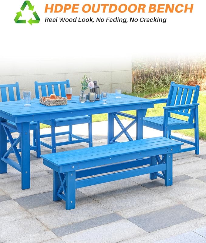 HDPE Outdoor Bench, 55" Patio Bench Outdoor Furniture, Poly Lumber Adirondack Benches, All Weather HDPE Patio Garden Backless Benches for Park, Poolside, Deck, Porch, Sky Blue