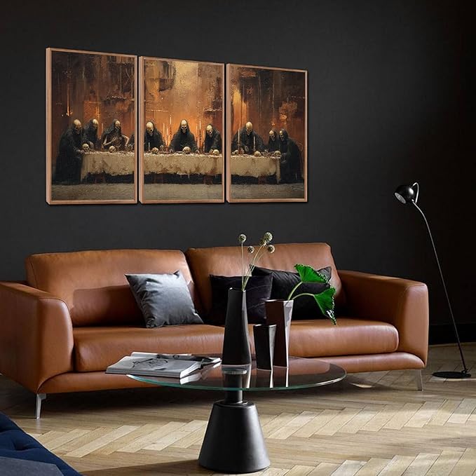 KAIRNE Framed Skeleton Canvas Wall Art,Abstract Retro Skull Pictures Set of 3(16”X24”),Scary Halloween Prints,Horror Wall Art,Skeleton Last Supper Posters for Living Room Bedroom Ding Room Decoration