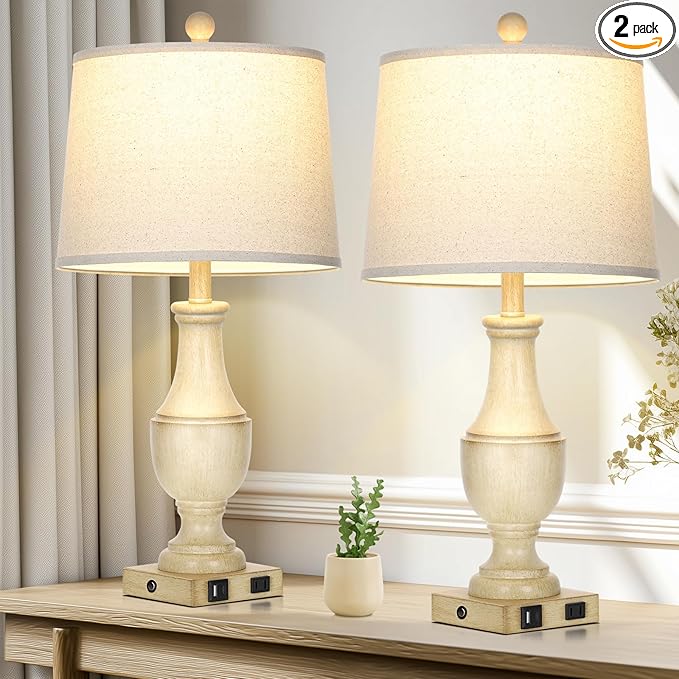 Farmhouse Lamps Set of 2, Vintage Rustic 3-Way Dimmable Touch Control Table Lamp with USB A+C Charging Ports & AC Outlet, Retro Resin Bedside Lamp Linen Shade for Bedroom Office Antique White