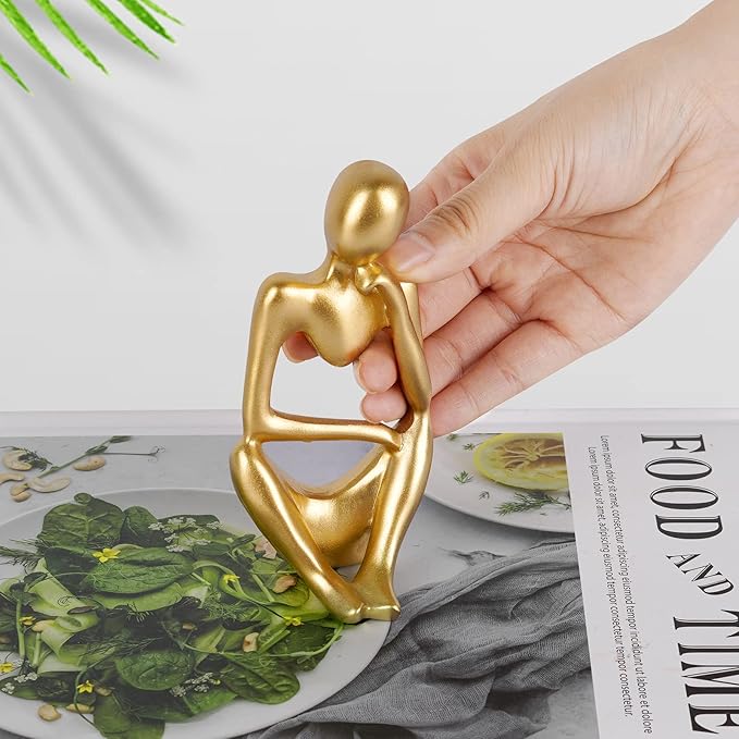 Sandstone Resin Thinker Style Abstract Sculpture Statue Collectible Figurines Home Office Bookshelf Desktop Decor (Small Gold, Right)