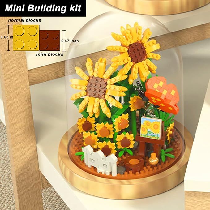 Sunflower Flower Bouquet Building Toy Mini Bricks Flowers Set Adult Botanical Collection Friends Set DIY Plants Bonsai Tree Valentine's Christmas New Year Birthday for Women