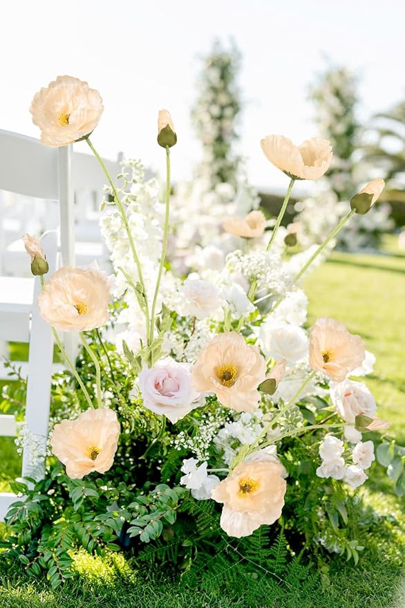 IPOPU 43.3" Poppy Flowers Artificial Flowers 6PCS Fake Silk Poppies Long Stem Artificial Flowers for Tall Vase for Wedding Party Home Decor(Champagne)