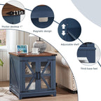 Farmhouse End Table with Charging Station, 24" Large Sofa Side Table with Glass Barn Door, Blue Nightstand with Adjustable Storage Shelf,Wood Square Bedside Table for Living Room,Bedroom