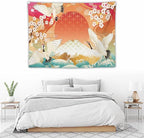 HZOHNAGO Japanese Tapestry Cherry Blossom Crane Sea Wave Fuji Mountain Red Sun Pattern Printed Wall Tapestry Painting Wall Hanging for Bedroom Living Room Dorm 40" W x 30" H