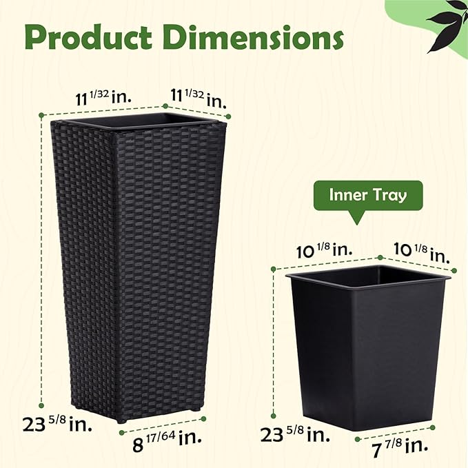 IDZO Wicker All-Weather Planter Set with Liners Tall Plant Decor Box for Outdoors Patio Herb Garden Furnishings - Rectangular Mocha