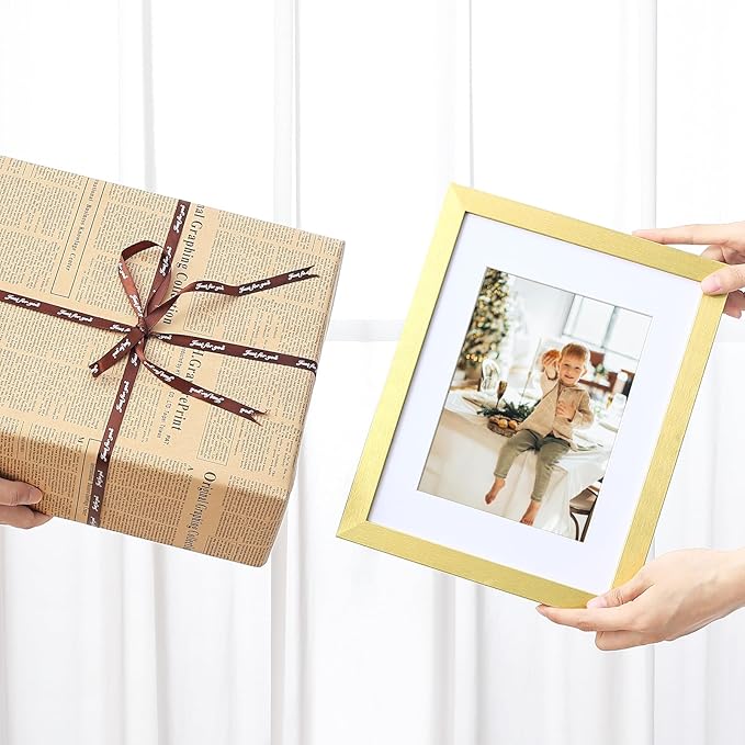 Vittanly 8.5x11 Picture Frames Set of 9, Shatter Resistant Plexiglass, Display 6x8 Pictures with Mat or 8.5x11 without Mat, Photo Frames for Wall or Tabletop, Engineered Wood, Gold