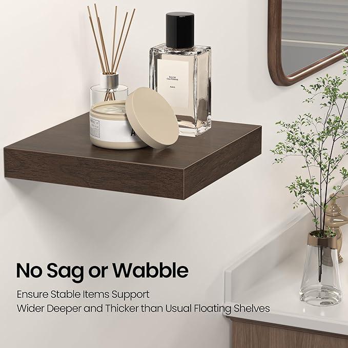 Square Floating Shelves for Wall, 8" W x 8" D x 1.2" H, Small Wooden Wall Mounted Display Shelves with Invisible Brackets for Living Room, Bedroom, Bathroom, Kitchen Decor, Set of 4, Walnut