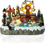 Christmas Village House Musical Christmas Collectible Buildings Amusement Park Carousel Skating Ferris Wheel with LED Lights Vacation Village with USB Indoor Figurines Xmas Decoration