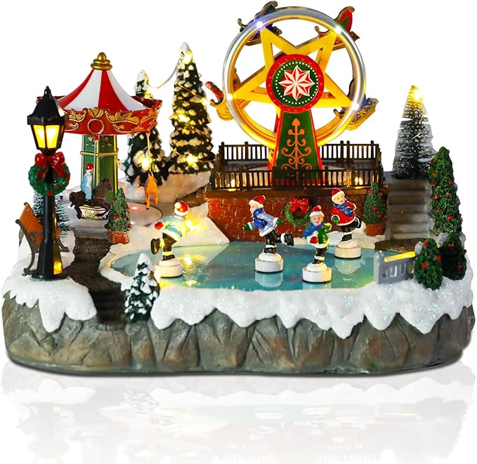 Christmas Village House Musical Christmas Collectible Buildings Amusement Park Carousel Skating Ferris Wheel with LED Lights Vacation Village with USB Indoor Figurines Xmas Decoration