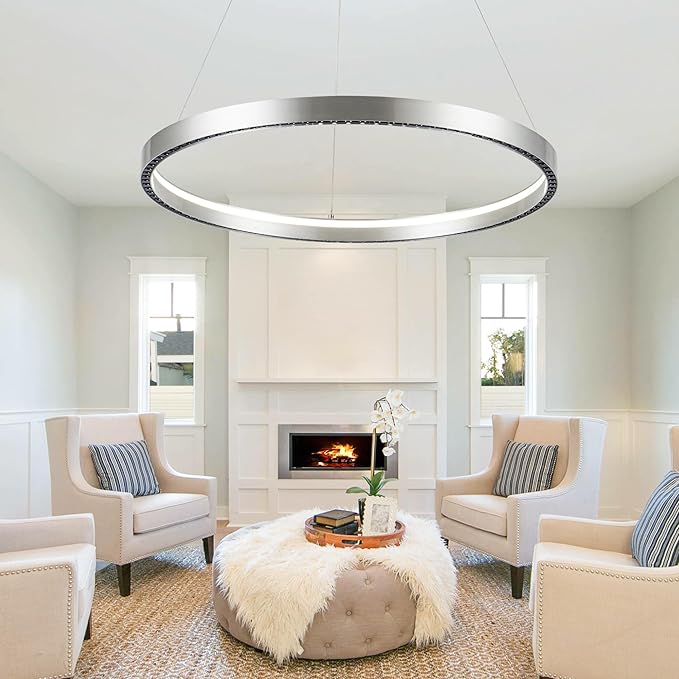 Modern Led Pendant Light,1 Ring Modern Circular Chandelier Dimmable Hanging Pendant Lighting for Living Room Dining Room Kitchen Island Foyer Office, 3000-6000K Brush Nickel