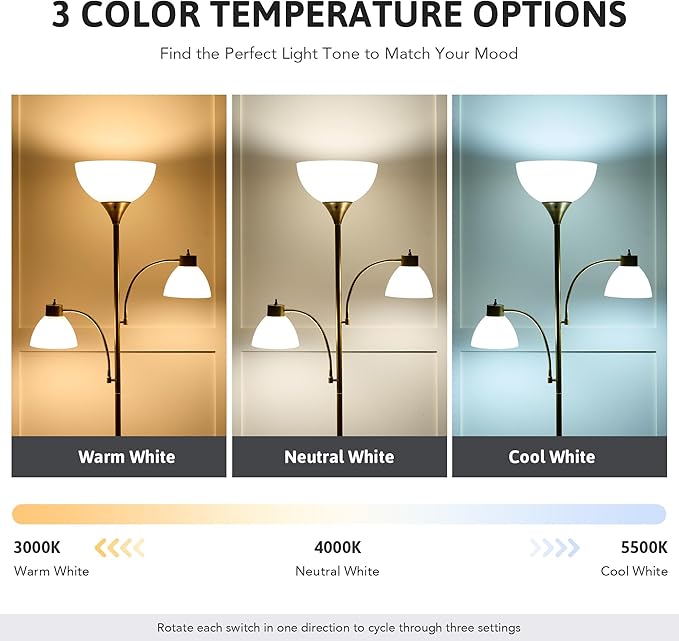 VONLUCE 71" Floor Lamp for Living Room with Adjustable Reading Light, 3 Color Temperatures Modern Torchiere Floor Lamp with 3 Bulbs