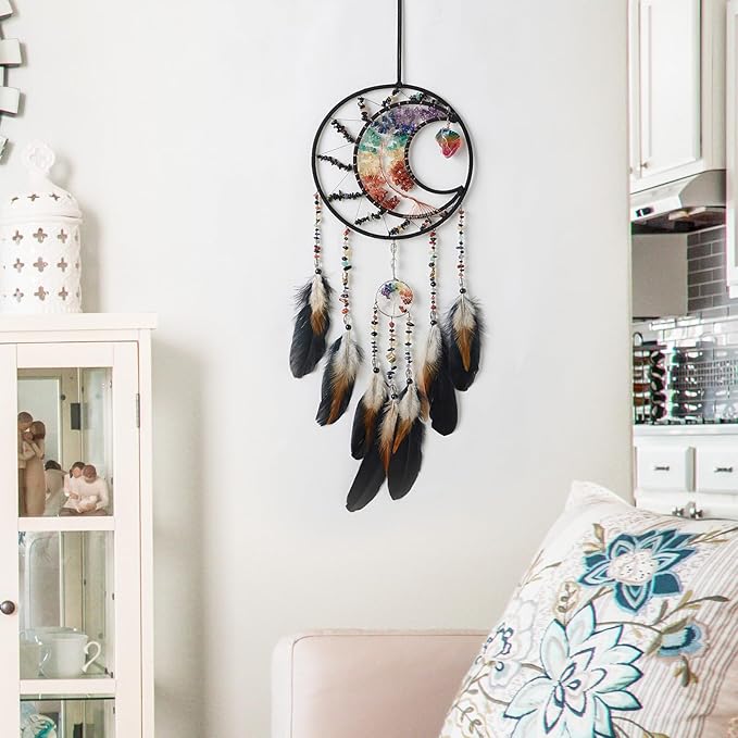 7 Chakras Dream Catchers Tree of Life Dream Catcher Black Feather Dreamcatcher Wall Decor with Healing Crystal Stone & Fluorite Wall Art Hanging for Bedroom Home Decor Bless Gift Wedding Garden
