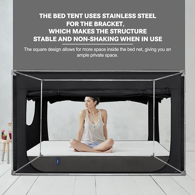 Bed Canopy Portable Blackout Bed Tent Privacy Tent for Adult Indoor Sleeping with 3 Doors, Storage Bag