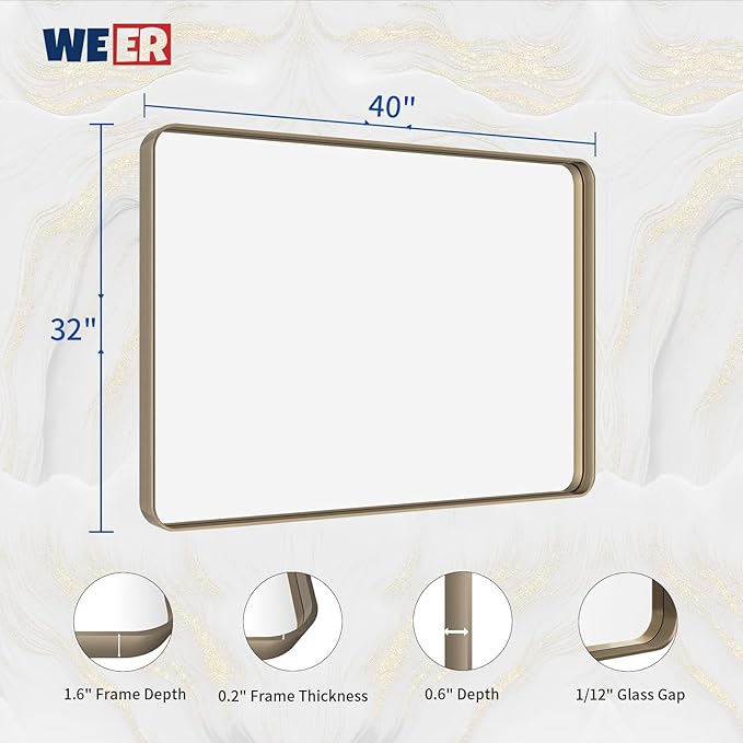 WEER Bronze Bathroom Wall Mirror, 40x32 Inch Oil Rubbed Bronze Vanity Mirror, Farmhouse Bronze Mirror with Aluminum Alloy Brushed Metal Frame, Tempered Glass, Anti-Rust (Horizontal/Vertical)