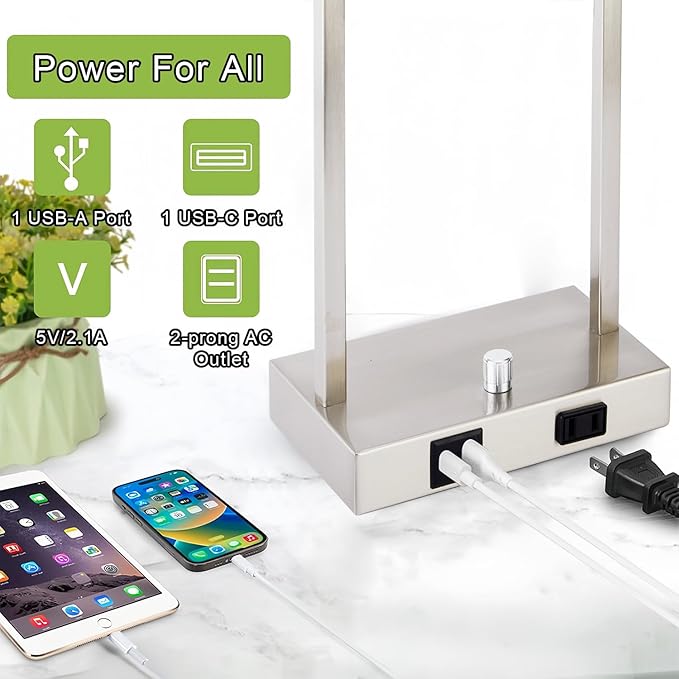 16" Set of 2 Nickel Industrial Table Lamps with USB A+C Charging Ports and AC Outlet, Fully Stepless Dimmable Bedside Lamps with Seeded Glass Shade for Bedroom Living Room Office, LED Bulbs Included