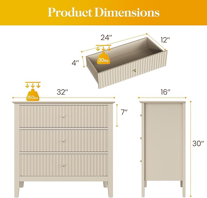 Large Beige Fluted 3 Drawer Dresser Set of 2, Chest of Drawers with Ball Bearing Slide Modern 30 inch Tall Wood Nightstand with Spacious Storage for Bedroom Hallway Living Room Entryway