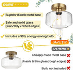 Industrial Semi Flush Mount Ceiling Light Brass, 800 Lumen LED Bulb Included, Clear Glass Shade Ceiling Light Fixture, Light Fixture for Hallway Bathroom Bedroom, Vintage Hanging Light Fixtures