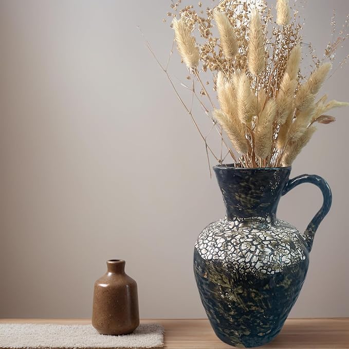 Rustic Pottery Ceramic Vase - Vintage Farmhouse Style Decor, White Grid Ceramic Vases for Home Decor, Modern Farmhouse Decor (White Black)