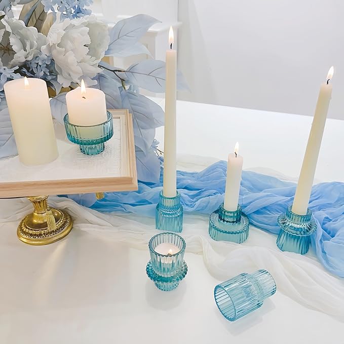 Double Sided Vintage Ribbed Taper Glass Candle Holders,Tea Candle Holder for Table Centerpieces, Wedding Decorations and Dinner Parties (Bule, 3 PCS)