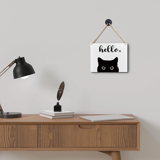 Lacosu Wall Pediments Cat Welcome Sign,Hello Sign,Cat Hanging Welcome Sign for Front Door,Cat Decor,Cat Gifts,Cat Gifts for Cat Owners,10x8 Inches