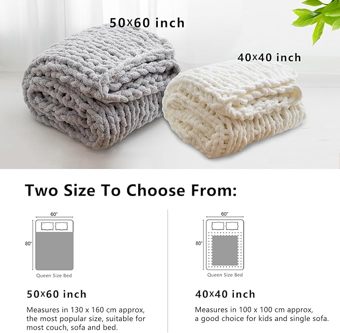 WESHIONGOO Chunky Knit Blanket Throw 40"×40" Knitted Throw Blankets for Couch Bed Fluffy Soft Blanket with Jumbo Chenille Yarn Thick 100% Handmade (Cream White)