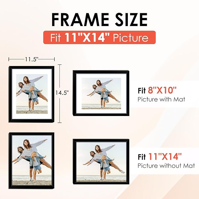 FIXSMITH 11x14 Picture Frame Set of 10, Black Photo Frames Bulk with HD Plexiglass, Display Pictures 8x10 with Mat or 11x14 Without Mat, Multi Picture Frames Collage for Wall Decor
