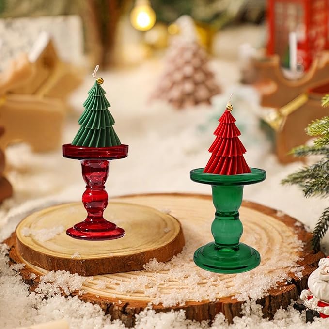 Green Glass Candle Holders Set of 3 Clear Candlestick Holders Vintage Candle Stands for Pillar Taper Candle Tealight Home Decor Table Centerpieces Christmas, Candleholder Sets with 4 Pcs Taper Candles