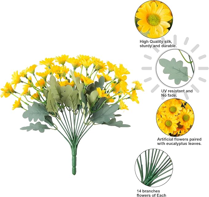 Daisy Artificial Flowers for Outdoors Fall Autumn Decoration, 6 Bundles Fake Mums Yellow Silk Flowers for Outside Look Real UV Resistant Faux Flowers Plants for Planter Front Door Home Indoor Porch