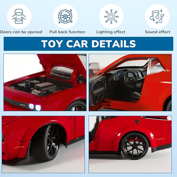 Car Toys for Boys 1/24 Diecast Cars Hellcat SRT Collectibles Model Kit,Pull Back Metal Toy Car with Lights and Sounds,Toy Cars for Boys Age 4-7（Red）
