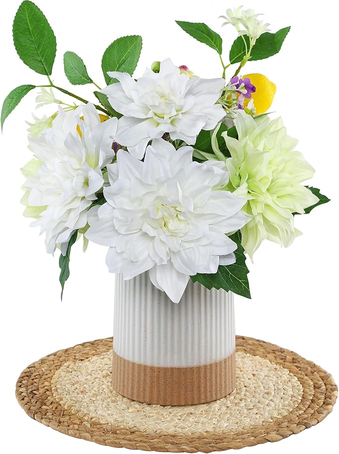 Fake Flower with Vase,White Silk Dahlia Artificial Flowers in Modern Ceramics Vase for Home Bathroom Office Desk Party Centerpiece Coffee Table Decor
