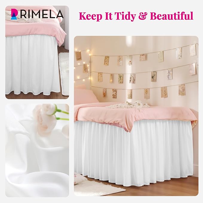 RIMELA Dorm Bed Skirt Twin XL 25 Inch Drop, Extra Long Wrap Around Elastic Bed Skirts Easy to Put On Twin Size Dust Ruffle, White Bedskirt for Adjustable Bed Base Solid Silky Fabric Machine Washable