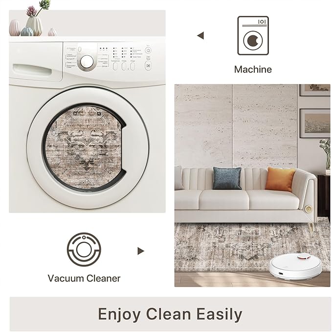 GENIMO 8x10 Area Rugs for Living Room, Machine Washable Non Slip Vintage Rugs, Low Pile Lightweight Chenille Print Rug for Bedroom, Dining Room, Home Office, Brownish Drab