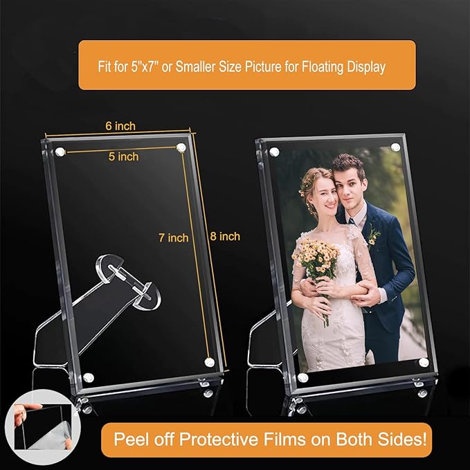 2 Pack 5x7 (Full Size:6x8) Acrylic Picture Frames With Stand, Clear Magnetic Photo Frame, Frameless Tabletop Picture Frame with Magnets for Home Office Desktop Display Horizontal or Vertical