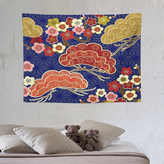HZOHNAGO Japanese Tapestry Art Abstract Colorful Cherry Blossom Blue Background Pattern Printed Wall Tapestry Painting Wall Hanging for Bedroom Living Room Dorm 40" W x 30" H