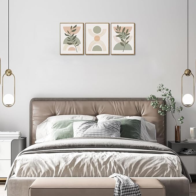 Bwodke Boho Wall Art, Framed Abstract Wall Art, Green Botanical Neutral Canvas Wall Decor, Large Mid Century Plant Pictures Set of 3, Modern Minimalist Paintings, for Bedroom Living Room Bathroom