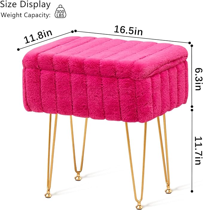 Wimarsbon Faux Mink Fur Storage Ottoman, Modern Soft Footstool, Storage Bench with Metal Legs, Vanity Seat, Fur Stool, Ottoman Coffee Table, Makeup Chair, Vanity Stools for Bedroom (Rose Red)