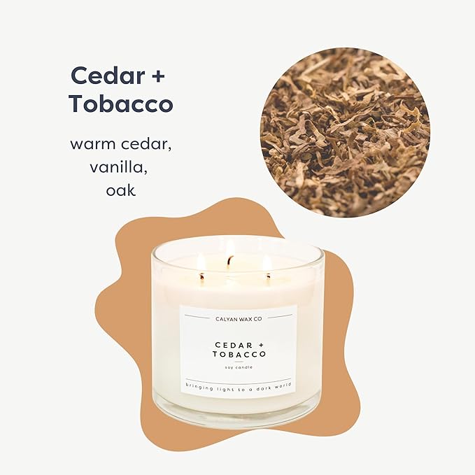 Calyan Wax Co. 3 Wick Candle, Cedar + Tobacco Scented Candle, 43 Hour Burn Time, 3 Wick Soy Candles, Non Toxic & Vegan Soy Wax, Glass Jar Scented Candles, 14.9oz