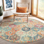 Lahome Moroccan Trellis Washable Round Area Rug, Round Rug 5ft Soft Non-Slip, Non-Shedding Distressed Circle Carpet for Bedroom Living Room Bathroom Nursery Kitchen, Cream/Multi