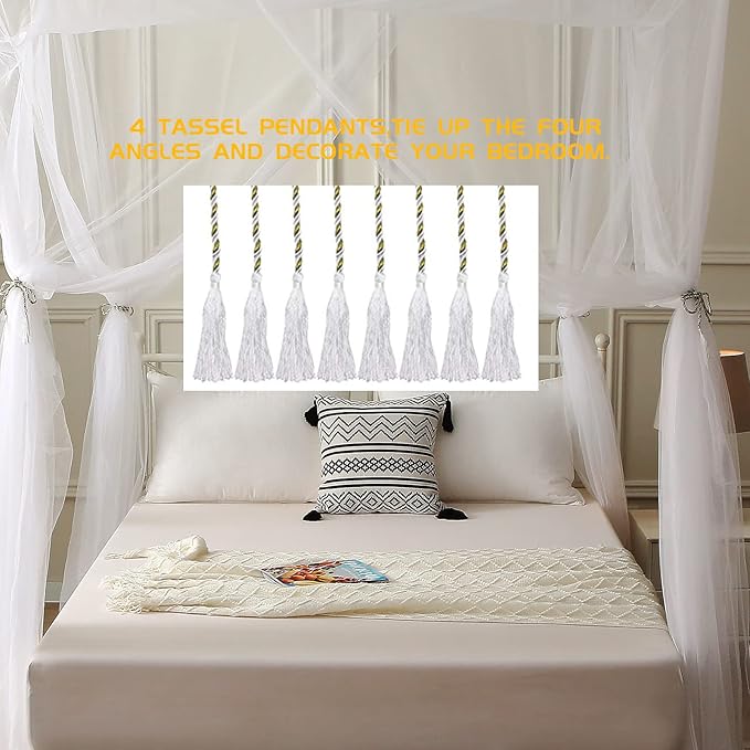 VISATOR Mosquito Net Bed Canopy, 4 Corner Post Canopy Bed Curtains with 4 Hanging Hooks, 30ft Tether and 4 Tassel Hanging Pendants for Full/Queen/King Size
