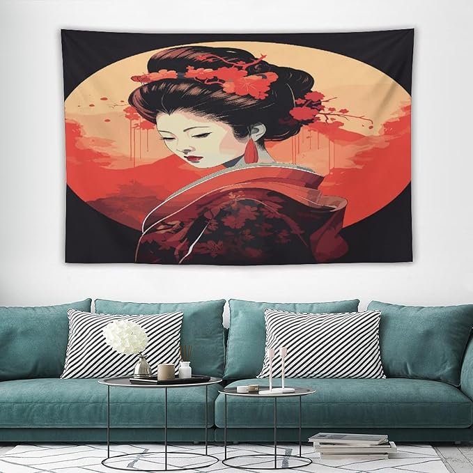 Japanese Woman Geisha Tapestry Asian Cherry Blossom Red Sun Traditional Kimono Folk Tapestries Home Decor for Living Room Bedroom Apartment Farmhouse Dorm 90"x60"